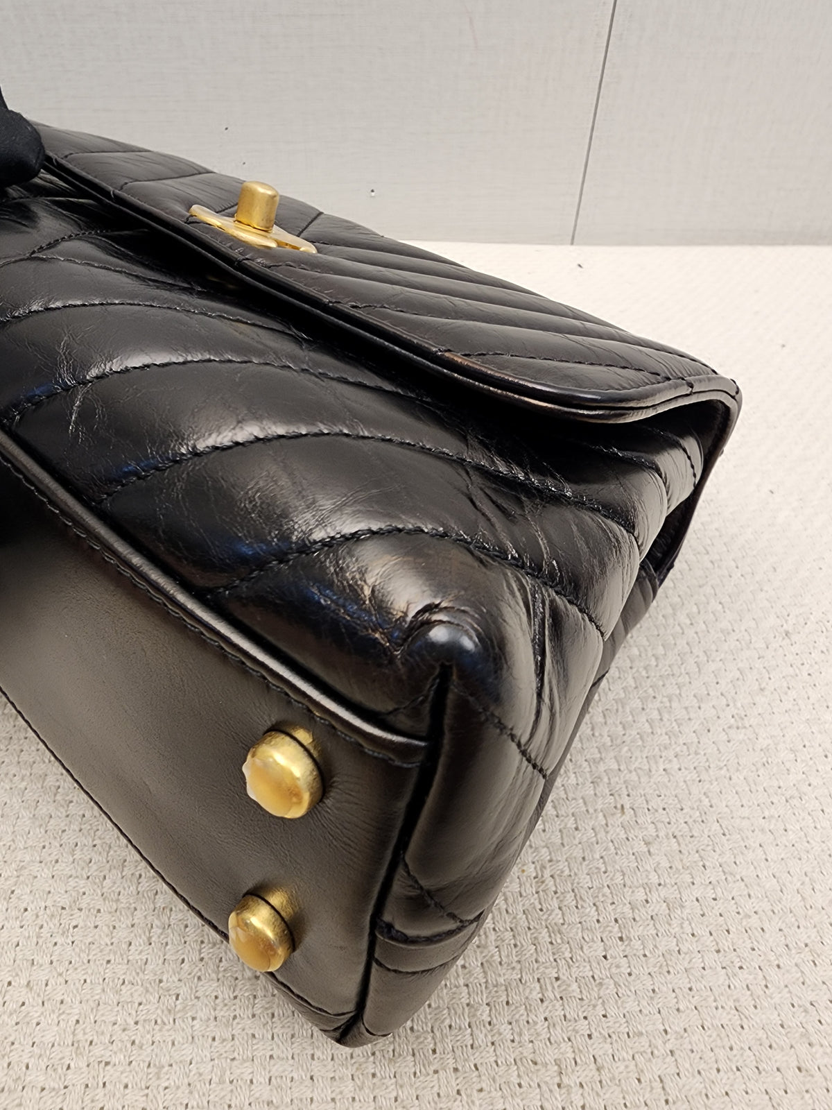 Chanel Black Aged Calfskin Chevron Small Coco Handle with Lizard Handle (BGHW)