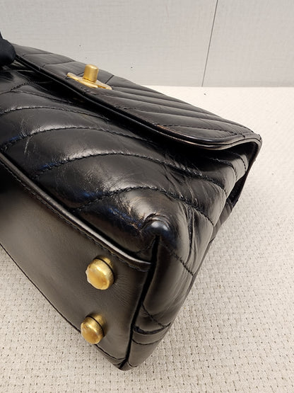 Chanel Black Aged Calfskin Chevron Small Coco Handle with Lizard Handle (BGHW)