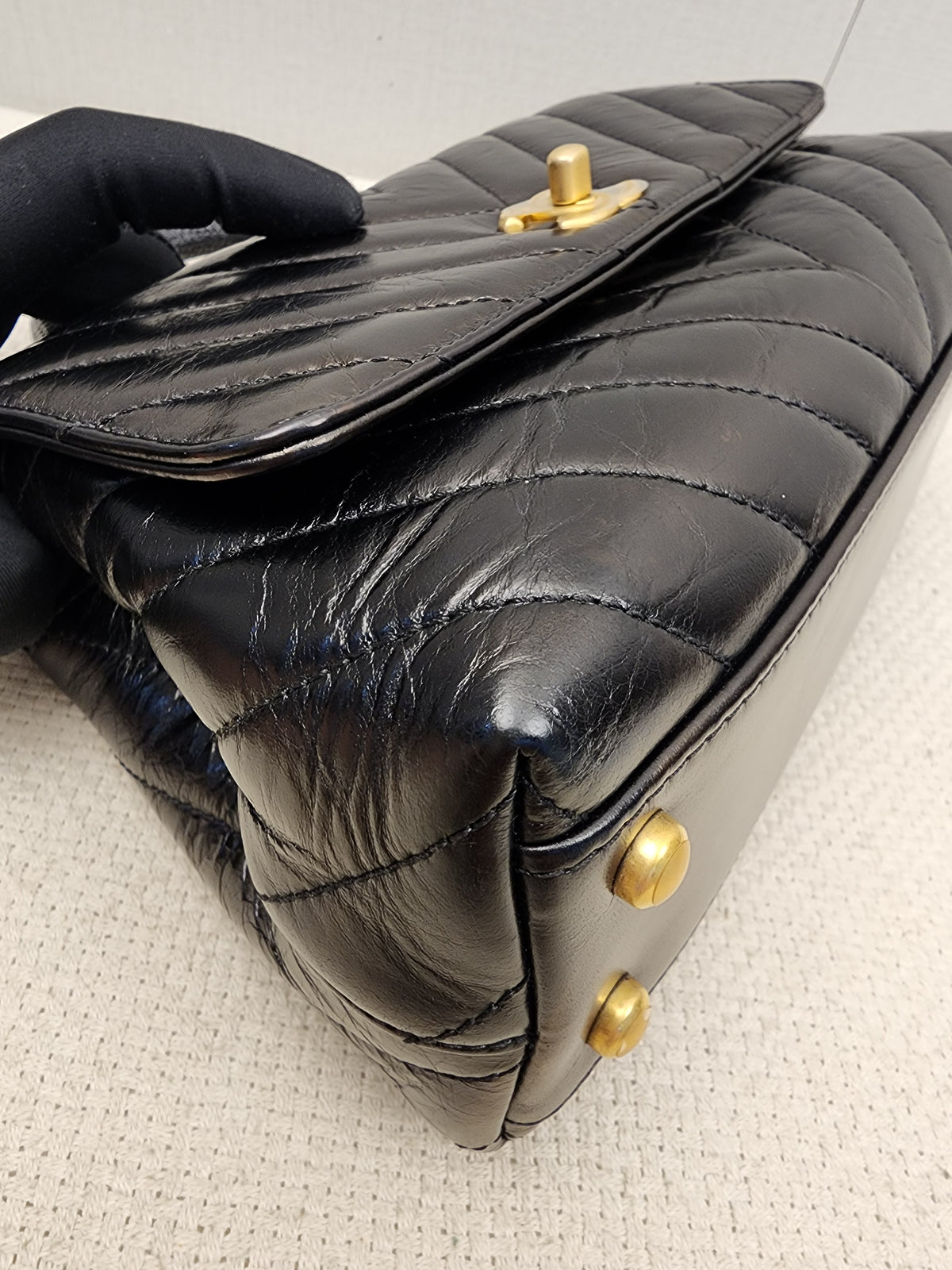 Chanel Black Aged Calfskin Chevron Small Coco Handle with Lizard Handle (BGHW)