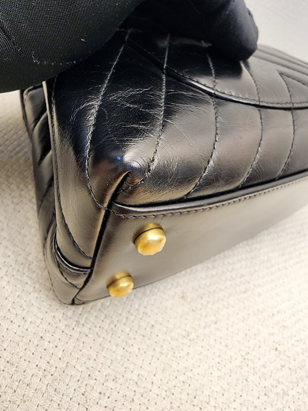 Chanel Black Aged Calfskin Chevron Small Coco Handle with Lizard Handle (BGHW)
