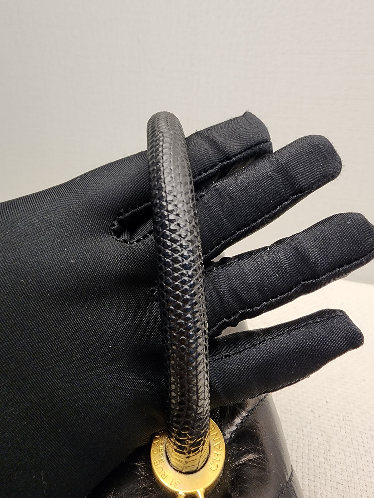Chanel Black Aged Calfskin Chevron Small Coco Handle with Lizard Handle (BGHW)