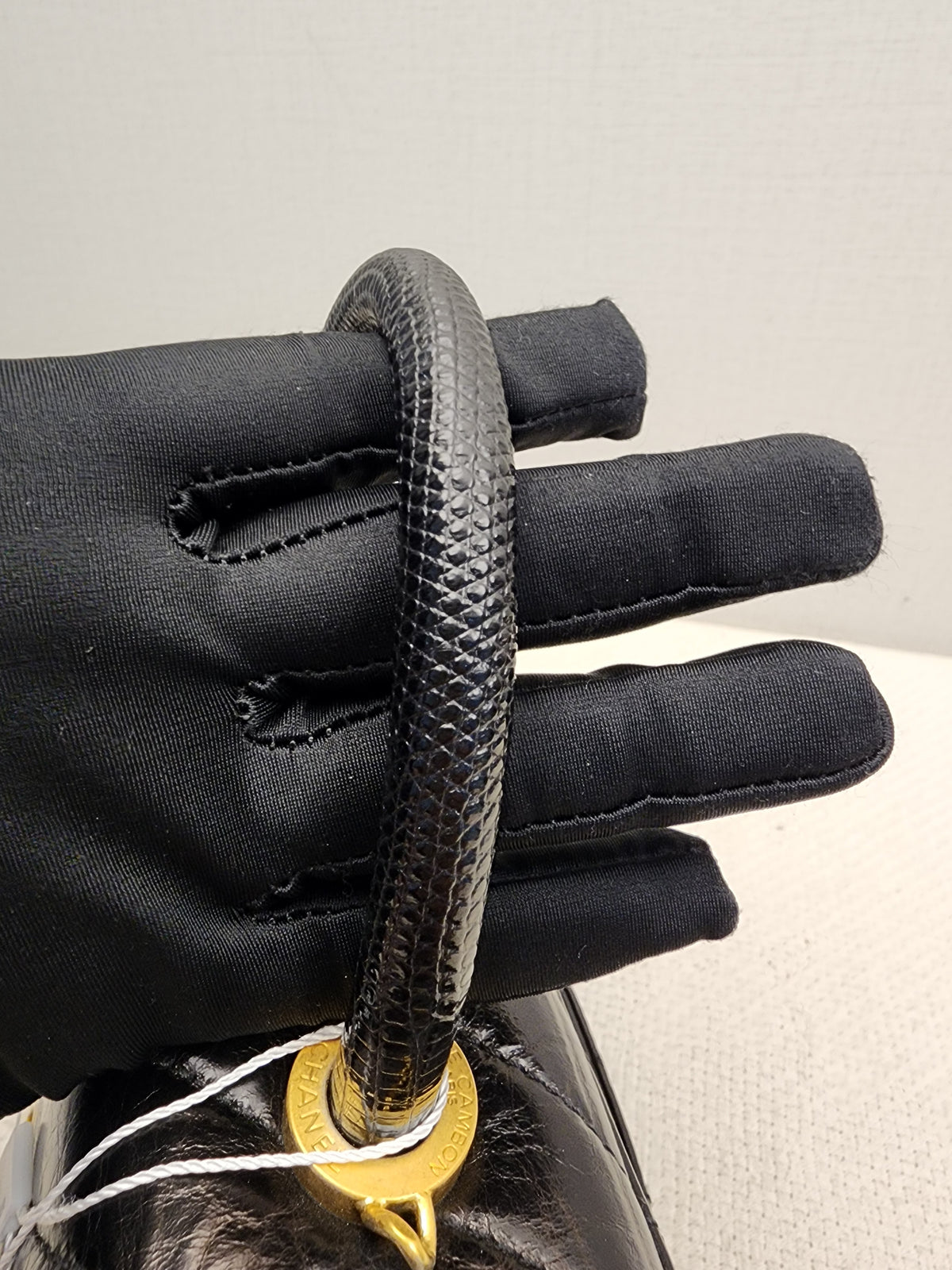 Chanel Black Aged Calfskin Chevron Small Coco Handle with Lizard Handle (BGHW)