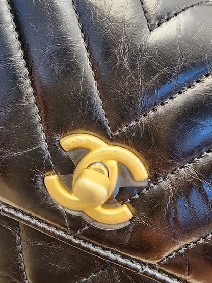 Chanel Black Aged Calfskin Chevron Small Coco Handle with Lizard Handle (BGHW)