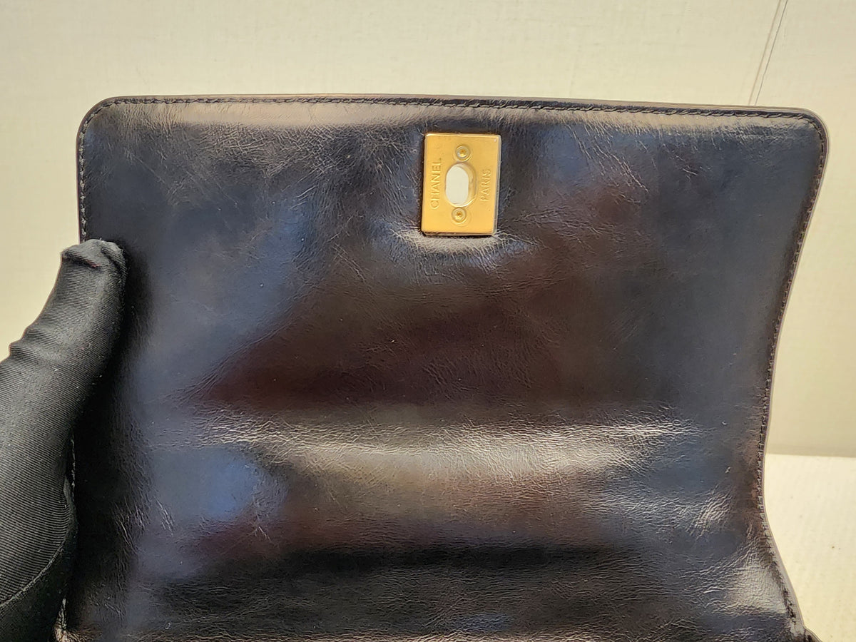 Chanel Black Aged Calfskin Chevron Small Coco Handle with Lizard Handle (BGHW)