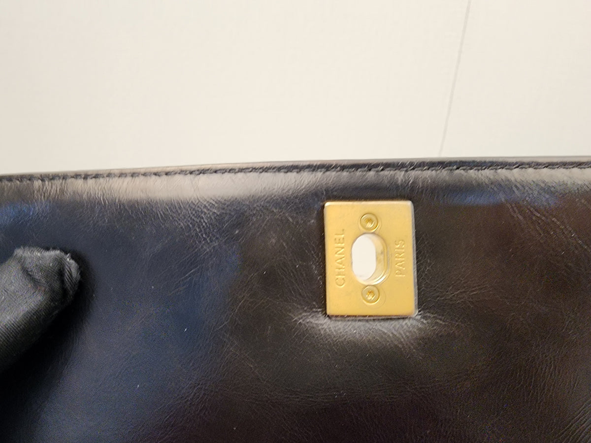 Chanel Black Aged Calfskin Chevron Small Coco Handle with Lizard Handle (BGHW)