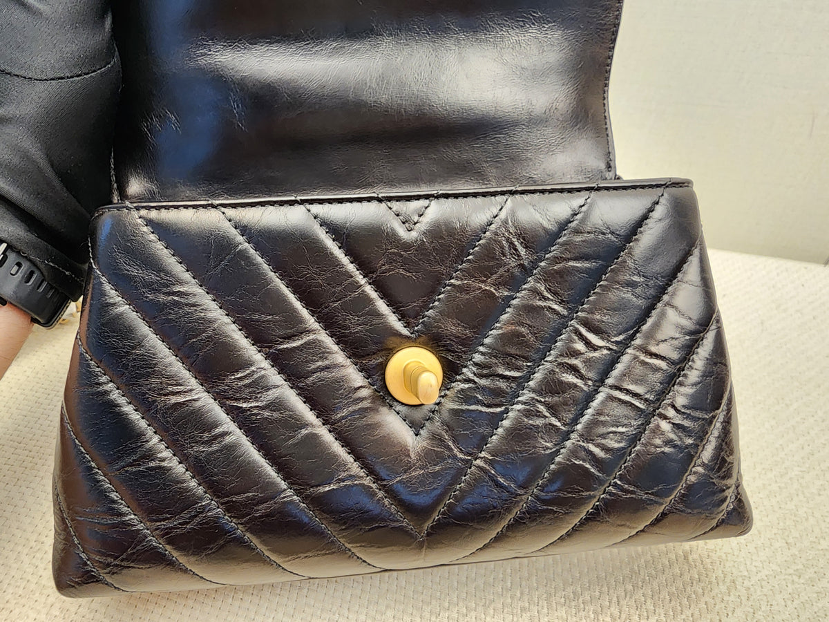 Chanel Black Aged Calfskin Chevron Small Coco Handle with Lizard Handle (BGHW)