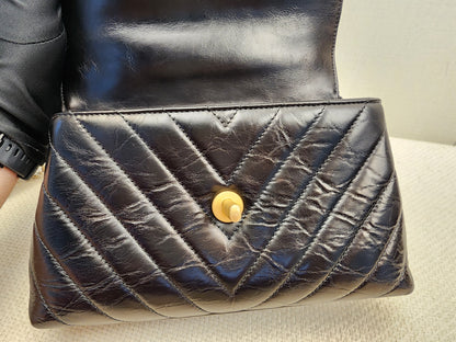 Chanel Black Aged Calfskin Chevron Small Coco Handle with Lizard Handle (BGHW)