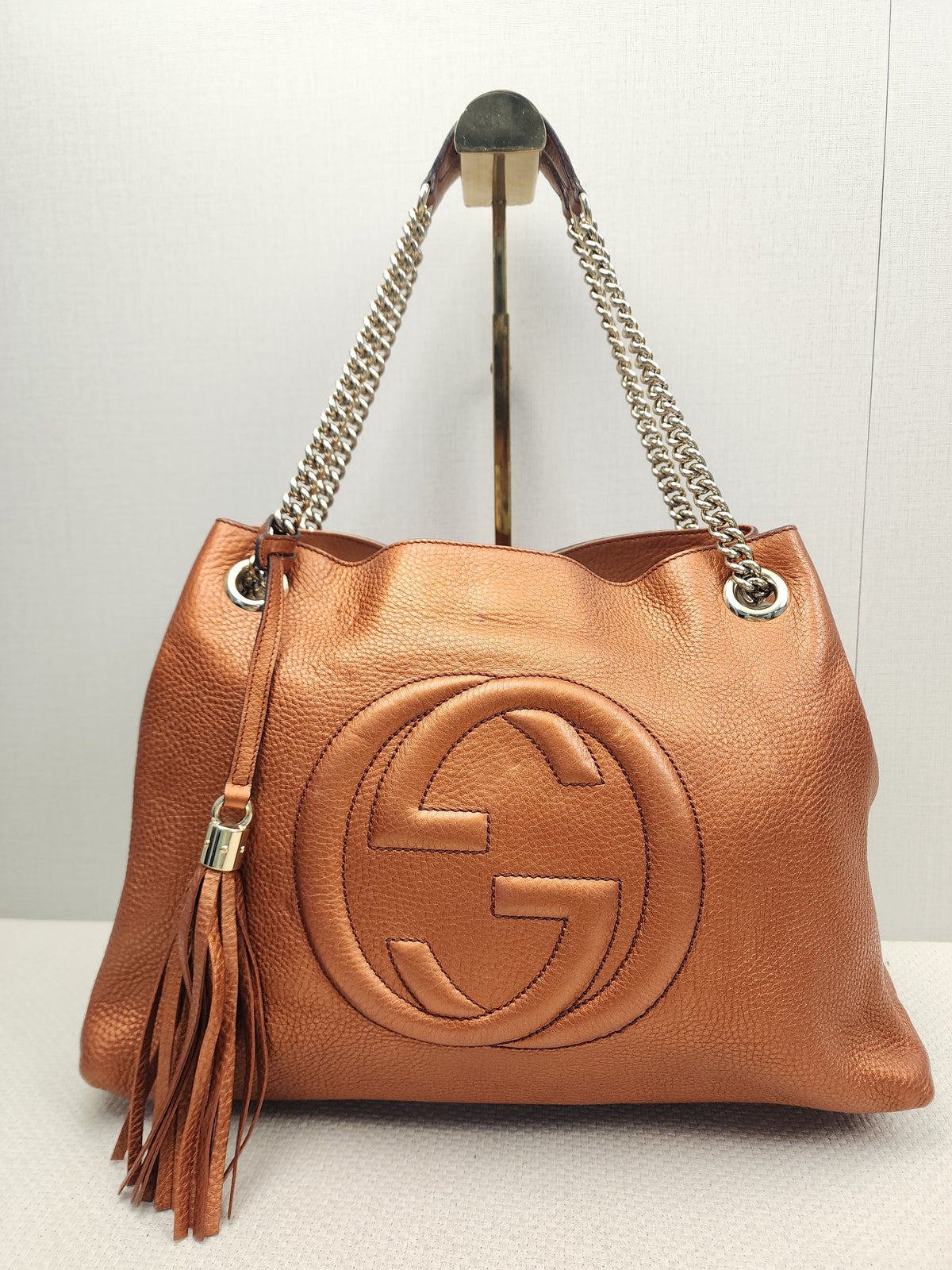 Gucci Metallic Bronze Calfskin Soho Chain Tote