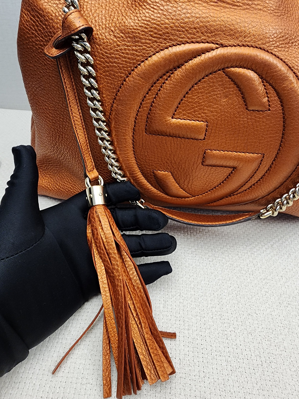 Gucci Metallic Bronze Calfskin Soho Chain Tote