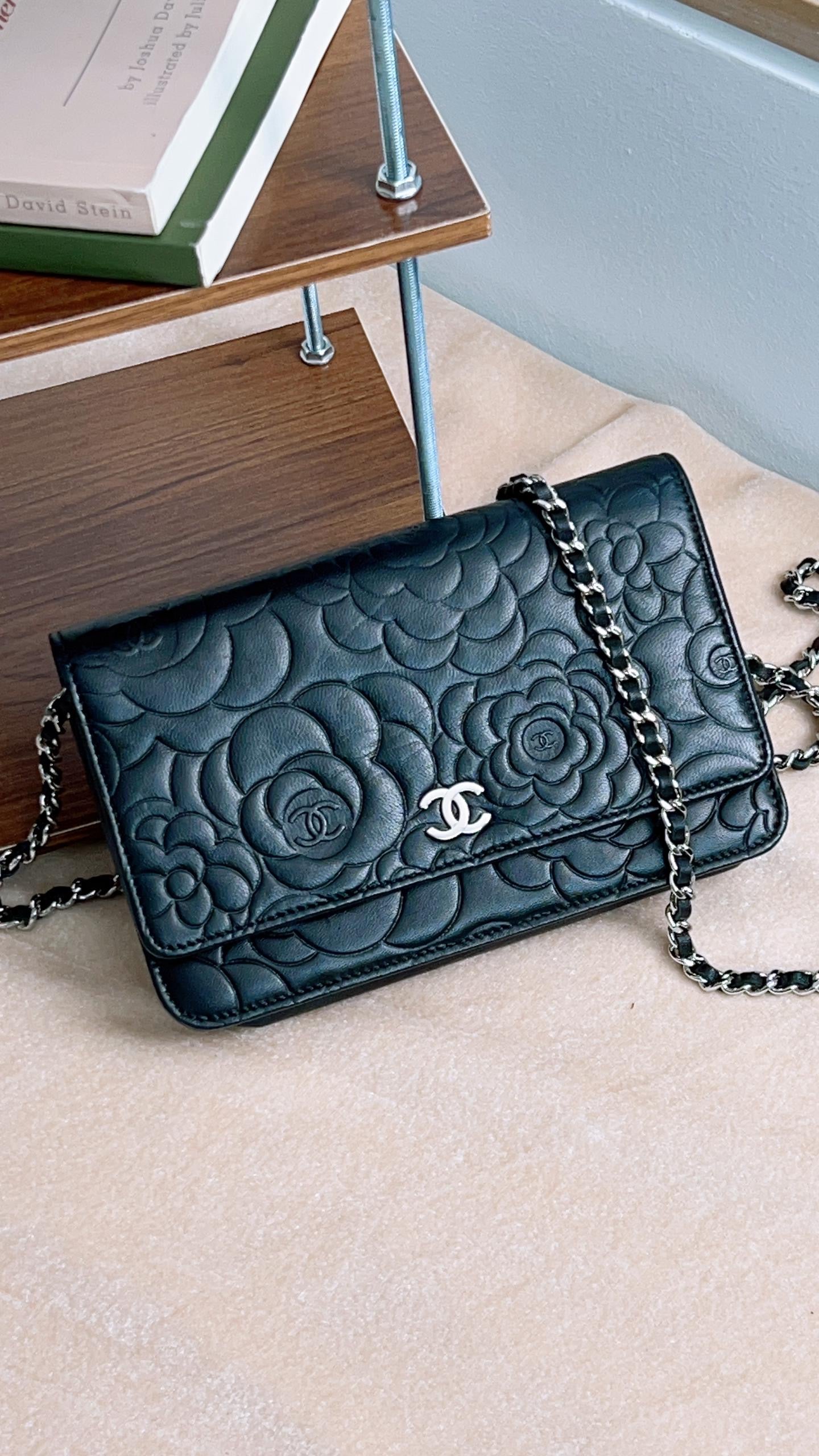 Chanel Black Camellia Embossed Lambskin WOC (SHW)