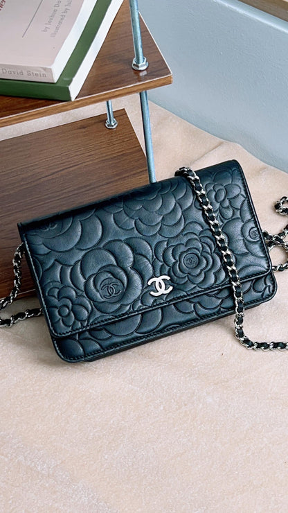 Chanel Black Camellia Embossed Lambskin WOC (SHW)