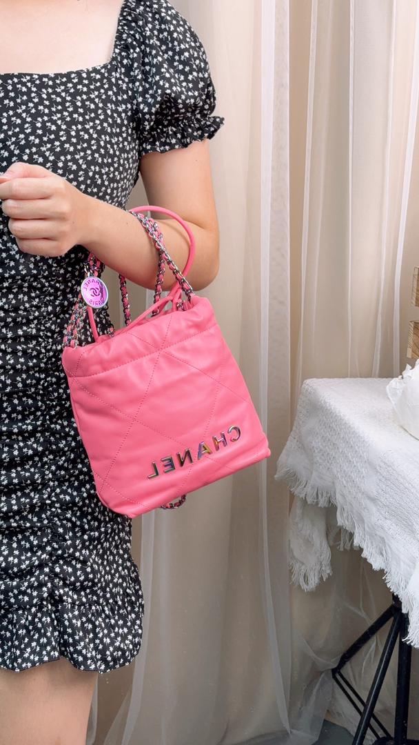 Chanel Pink Shiny Calfskin Mini 22 Bag with Rainbow Hardware