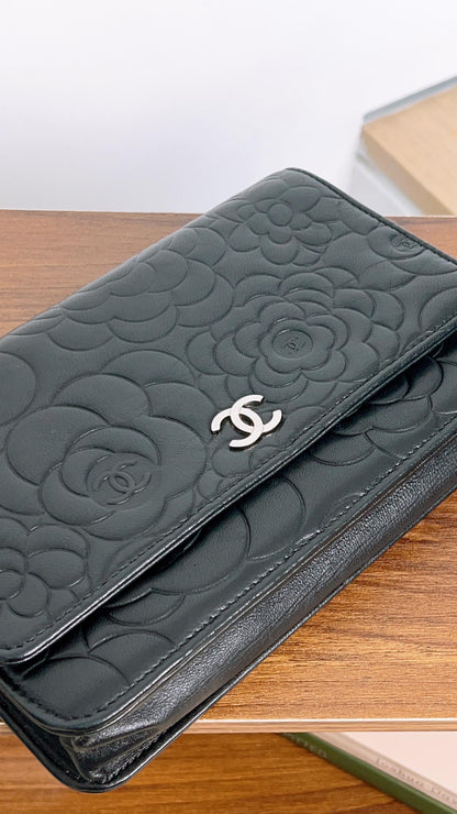 Chanel Black Camellia Embossed Lambskin WOC (SHW)