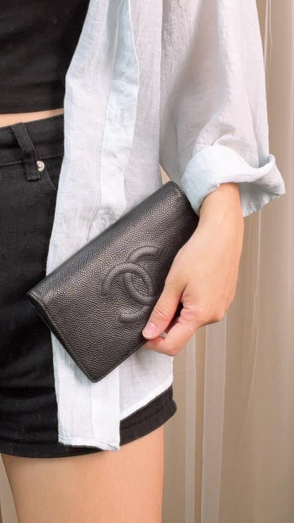 Chanel Black Caviar Timeless Bifold Long Wallet