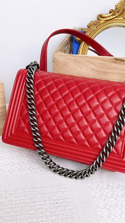 Chanel Red Lambskin New Medium Boy (RHW)