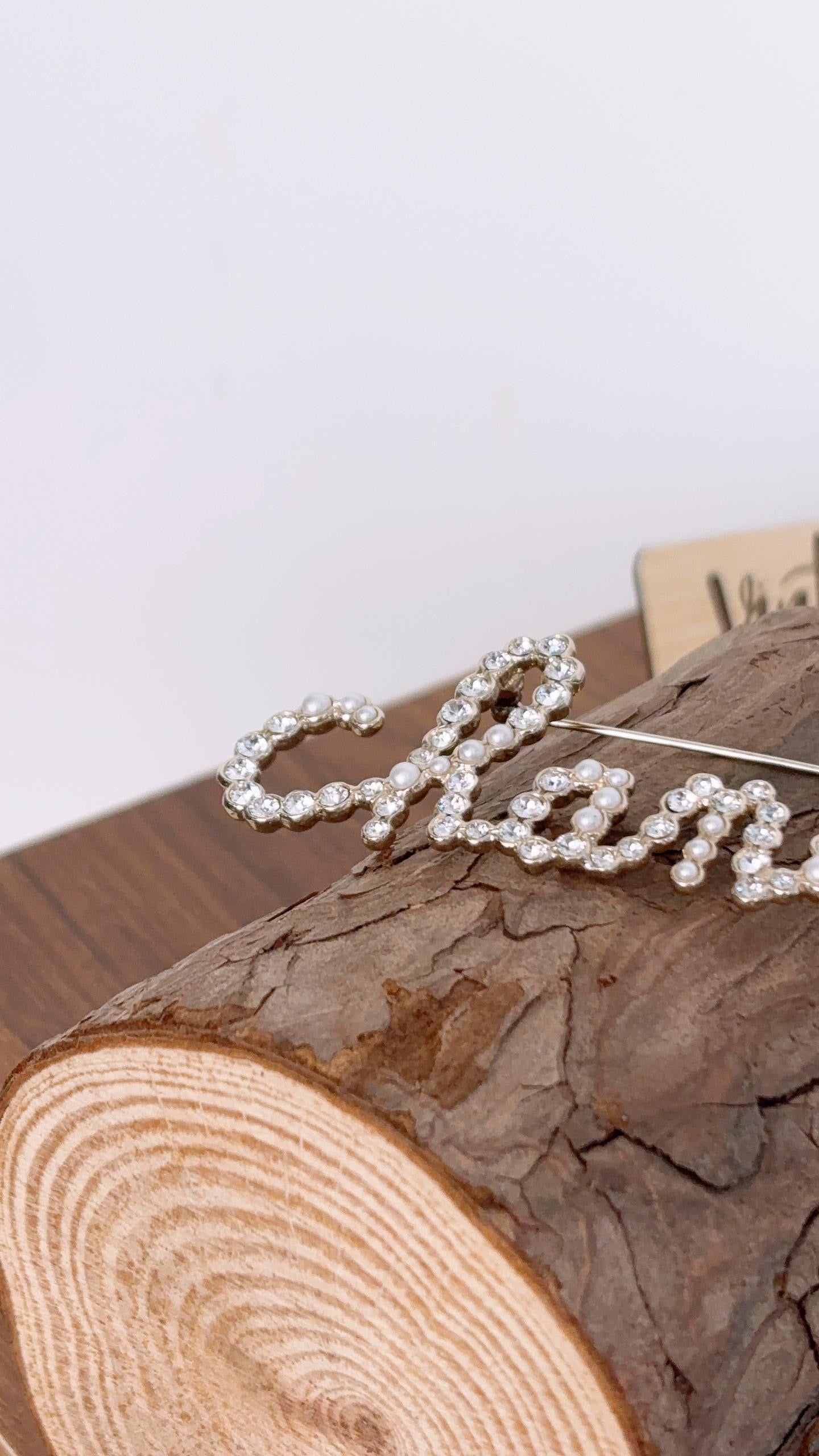 Chanel Light Gold Script Pearl Diamante Brooch