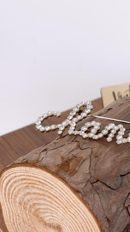 Chanel Light Gold Script Pearl Diamante Brooch