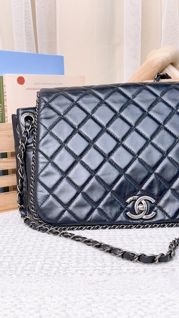 Chanel Navy Calfskin Chain Around Accordian Shoulder Bag (RHW)