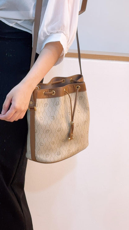 Dior Brown Coated Canvas Honeycomb Drawstring Bucket Bag