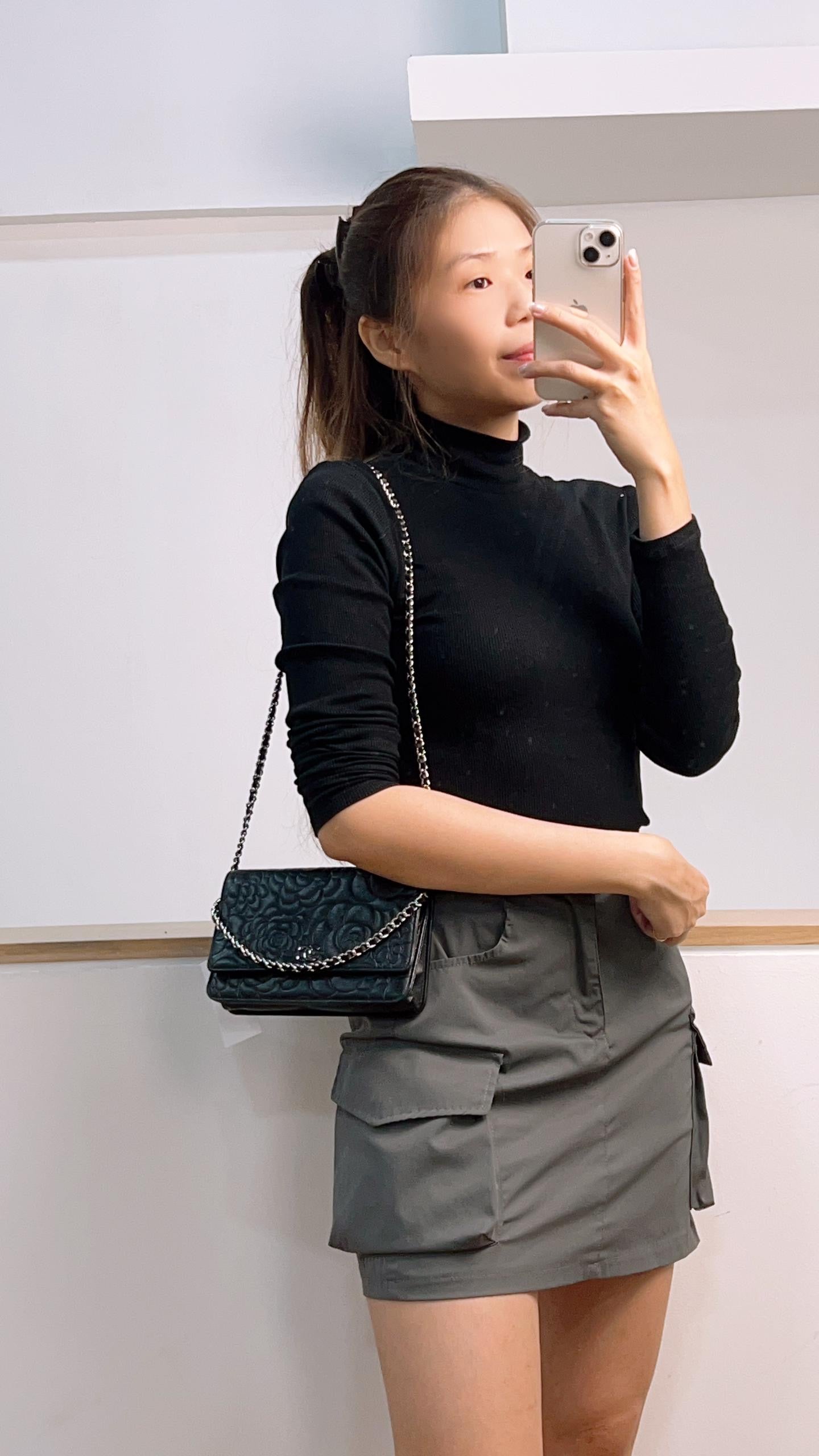 Chanel Black Camellia Embossed Lambskin WOC (SHW)
