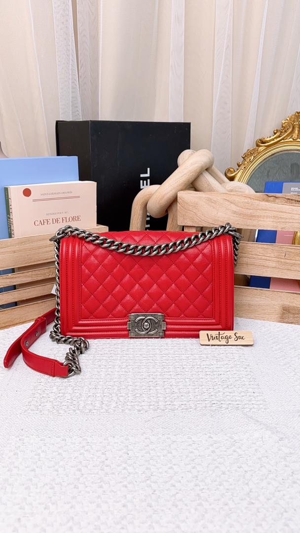 Chanel Red Calfskin Old Medium Boy Flap (RHW)