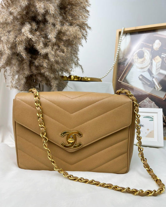 Chanel Dark Beige Caviar Chevron Big CC Turnlock Flap