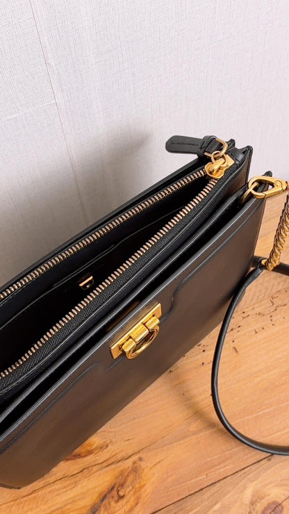 Salvatore Ferragamo Black Calfskin Trifolio Clutch with Strap