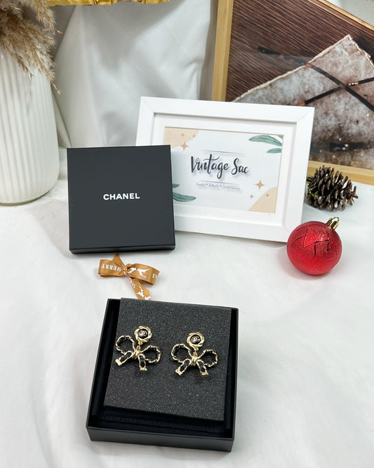 Chanel Chain Leather Bow Earrings