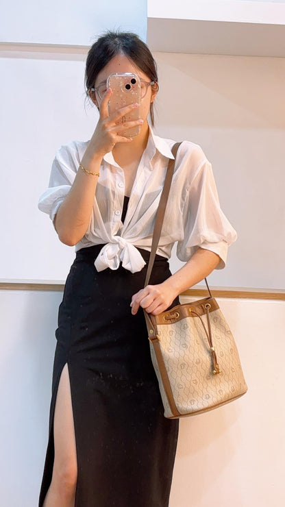 Dior Brown Coated Canvas Honeycomb Drawstring Bucket Bag