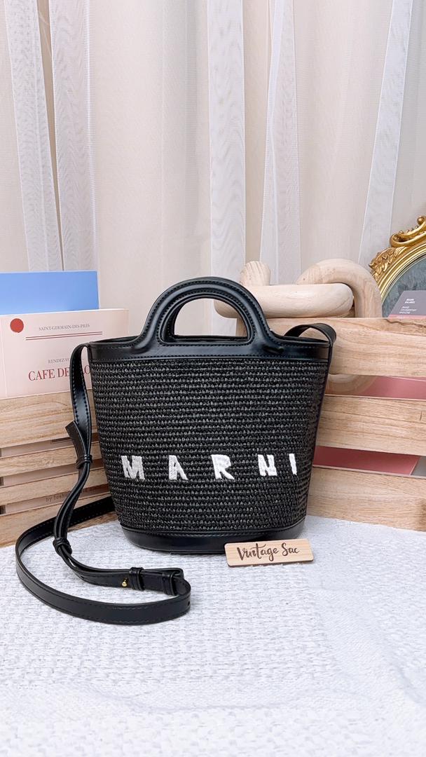 Marni Black Raffia Mini Tropicalia Bucket Bag
