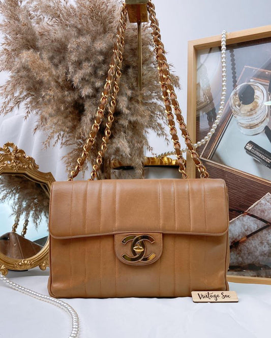 Chanel Caramel Lambskin Big CC Vertical Stitched Jumbo Flap Bag 30cm (GHW)