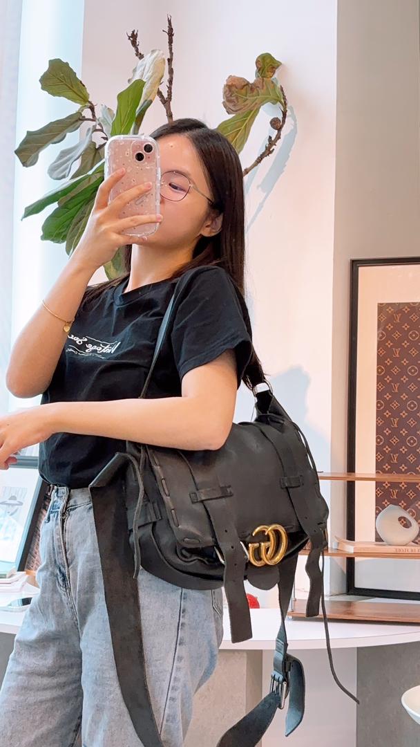 Gucci Black Calfskin Marmont Laced Messenger Bag