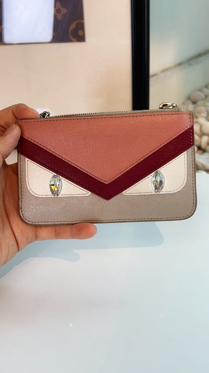 Fendi Beige Pink Leather Monster Eyes Zipped Coin Pouch