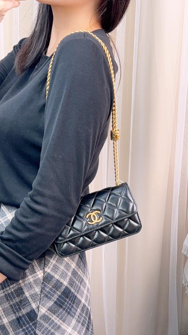 Chanel Black Lambskin 22K Pillow Crush Phone Flap Bag (GHW)