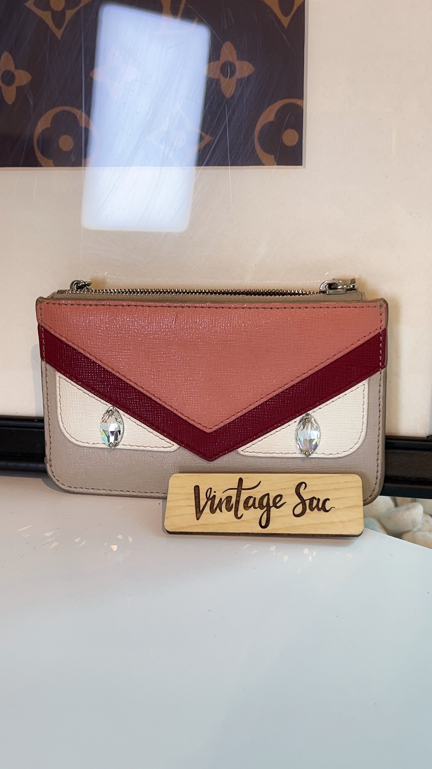 Fendi Beige Pink Leather Monster Eyes Zipped Coin Pouch