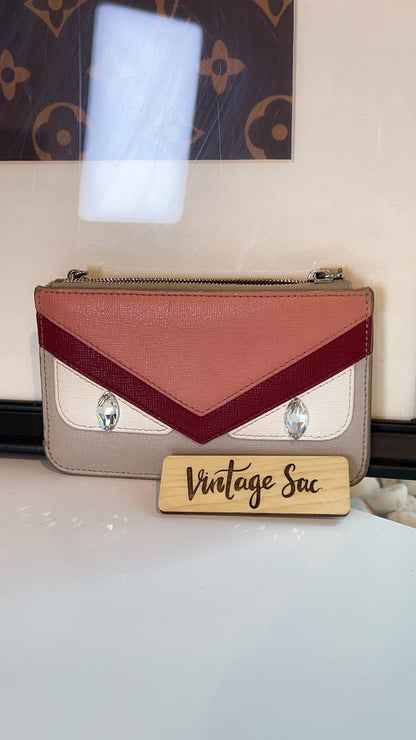Fendi Beige Pink Leather Monster Eyes Zipped Coin Pouch