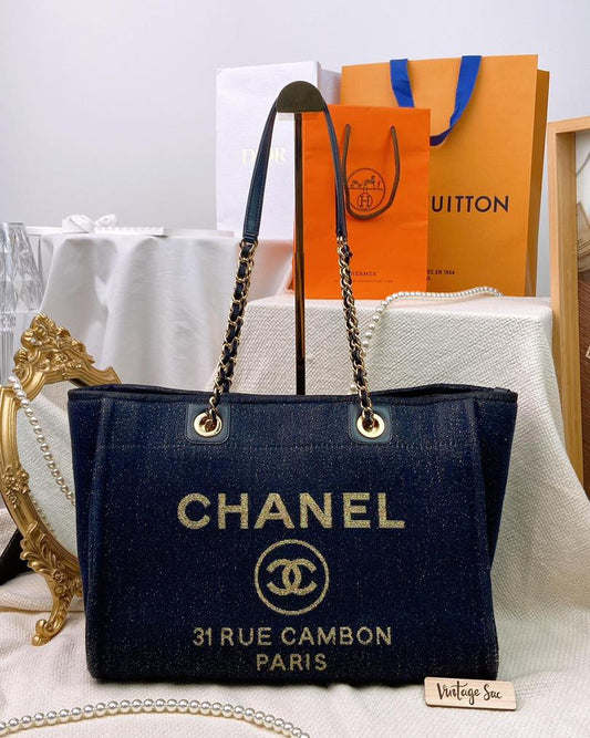 Chanel Navy Canvas Deauville Small Tote GHW
