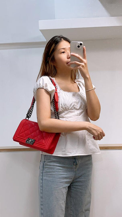 Chanel Red Calfskin Wild stitch Medium Boy RHW