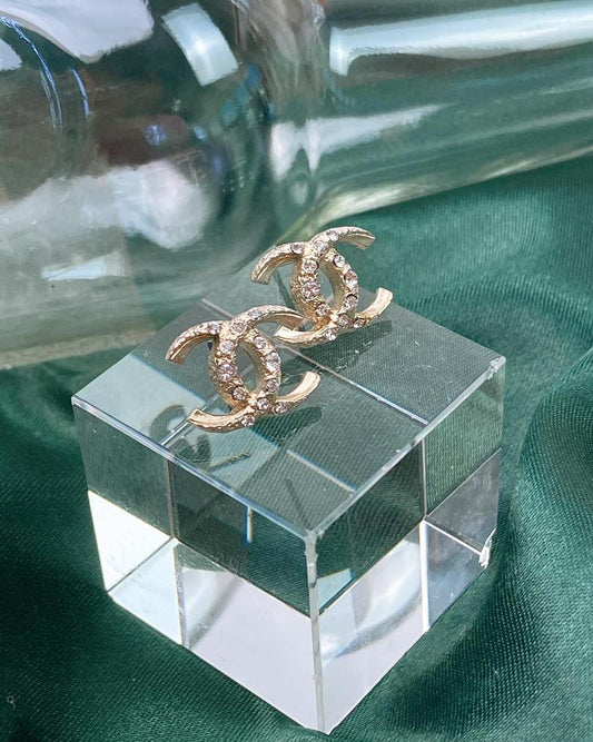 Chanel Light Gold Carved Diamante CC Earrings