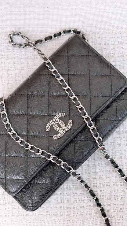Chanel Black Caviar 24P Coco CC WOC (SHW)