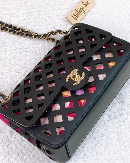 Chanel Black Calfskin See Through Perforated Flap Bag LGHW