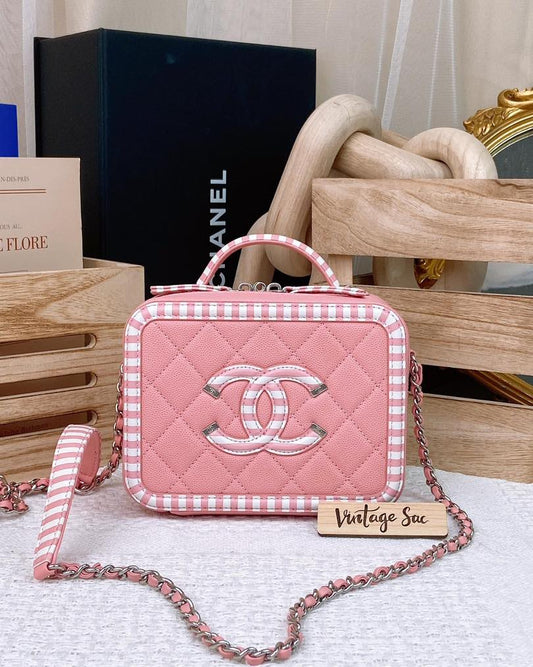 Chanel Pink Stripe Caviar Small Filigree Vanity Case SHW