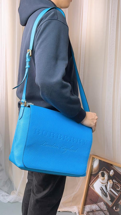 Burberry Blue Grain Calfskin Large Burleigh Messenger Bag
