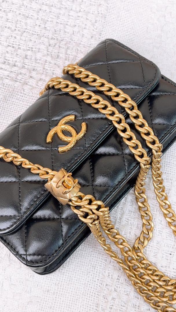 Chanel Black Lambskin 22K Pillow Crush Phone Flap Bag (GHW)