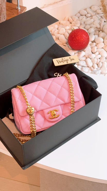 Chanel Pink Caviar 23P Mini Rectangular Heart Crush Flap Bag (GHW)