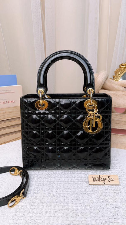 Dior Black Patent Medium Lady Dior (GHW)