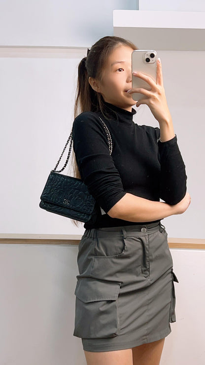 Chanel Black Camellia Embossed Lambskin WOC (SHW)