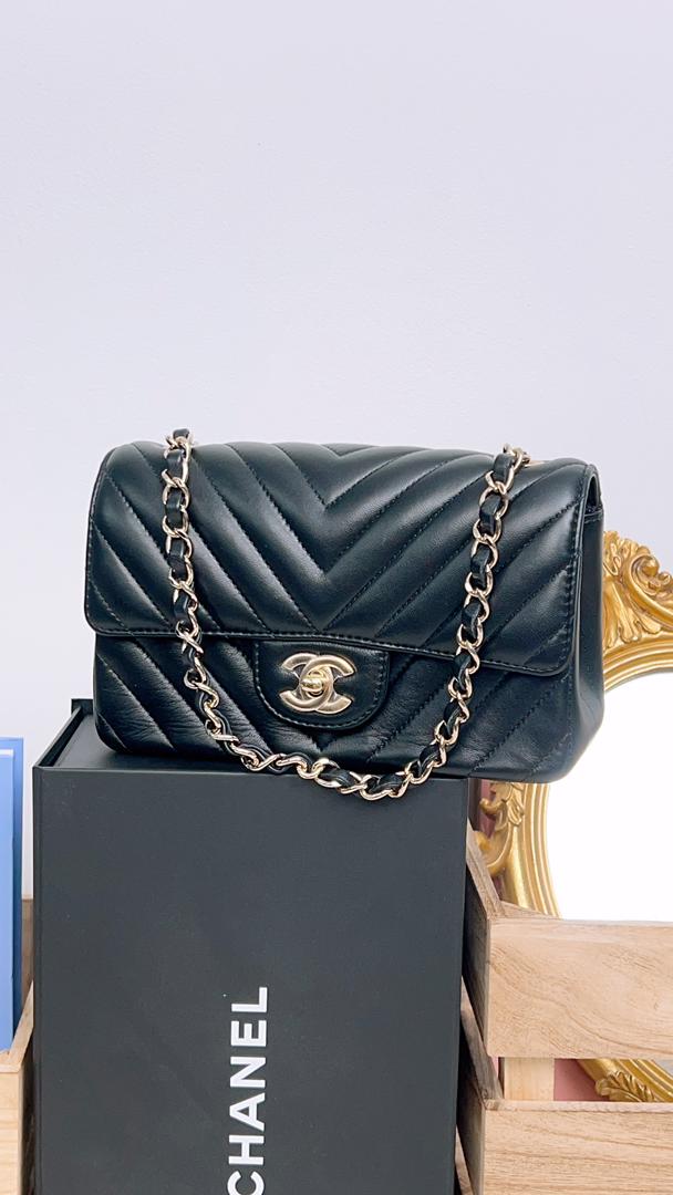 Chanel Black Lambskin Chevron Mini Rectangular (LGHW)