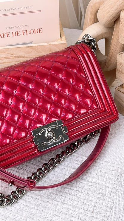 Chanel Fuchsia Pink Patent Old Medium Boy Flap Bag (SHW)