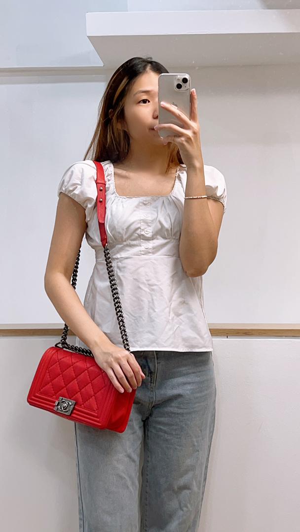 Chanel Red Calfskin Wild stitch Medium Boy RHW